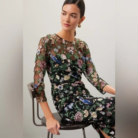NWT Marchesa Notte Floral Embroidered On Tulle Midi Dress Size 10 - Picture 4 of 7